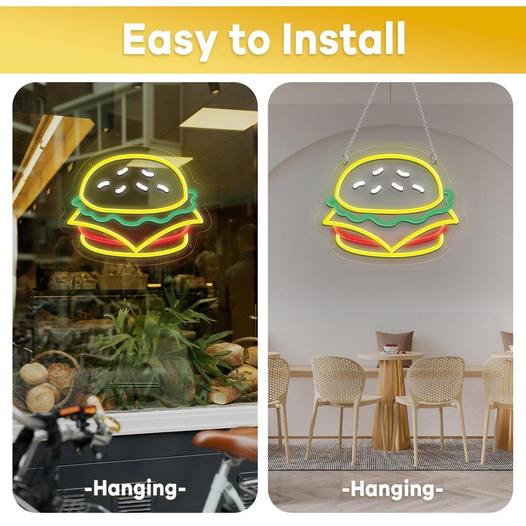 Неоновая вывеска для гамбургера Неоновая вывеска для гамбургера Неоновая вывеска для бургера Светодиодная неоновая вывеска с регулируемой яркостью Ресторанный декоративный светильник Подарок для любителя бургеров