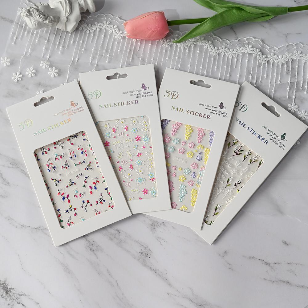 5D Pink Blue Floral Nail Art Stickers Petals Leaf Plant Embossed Nail Decals Spring Flower Design for DIY Nail Supplies