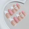 24PCS Pink Almond Press On Nails, 3D Carved Flower & Ripple French Fake Nails with Gold Pearls