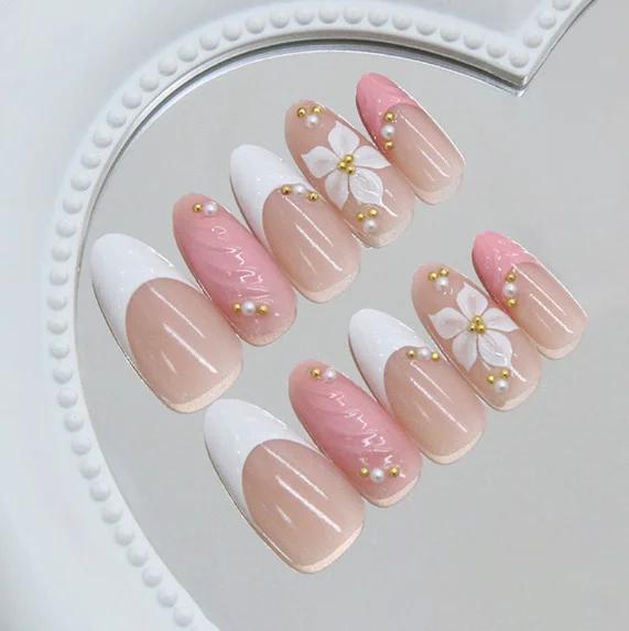 24PCS Pink Almond Press On Nails, 3D Carved Flower & Ripple French Fake Nails with Gold Pearls