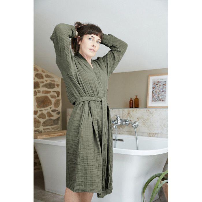 Peignoir kimono mixte Gaze de coton unie Gaïa - Gaïa Romarin - Taille S/M