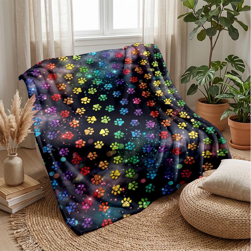 Rainbow Gemstone Paw Prints Theme blanket Lightweight Warm Flannel Blanket Decorative Throw Blanket for Home Decoration