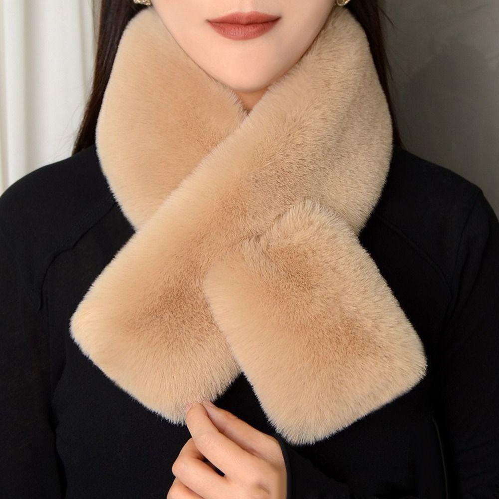 Thickened Cross Scarf Solid Color Faux Rabbit Fur Scarf Winter Warm Neckerchief Wrap Autumn Winter