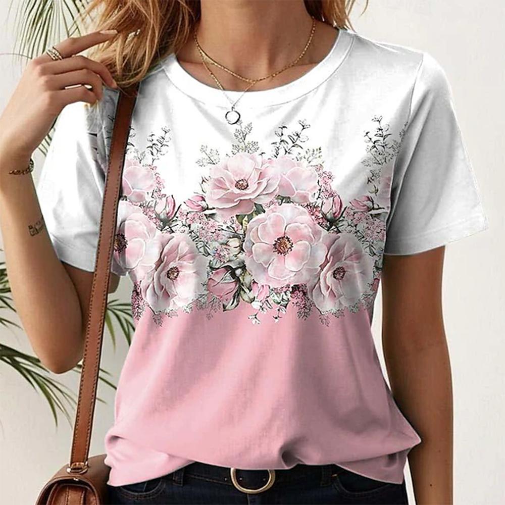 Новая женская повседневная футболка с коротким рукавом, летняя блузка с 3D цветочным принтом, футболка с круглым вырезом и коротким рукавом