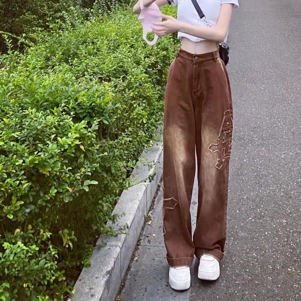 2022 Autumn Korean Stytle Trend Vintage Fashion Jeans Pants for Women Straight Baggy Woman Trousers Hippie Pant Patchwork Cowboy