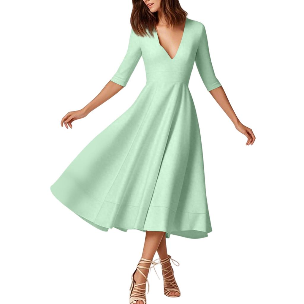 Женское модное платье средней длины со средним рукавом, сексуальное платье с V-образным вырезом