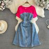 Short Sleeve Denim Dresses for Woman Fake Two Jeans Patchwork Women's Dresses A Line Lace-up O Neck Vestidos Dropshipping