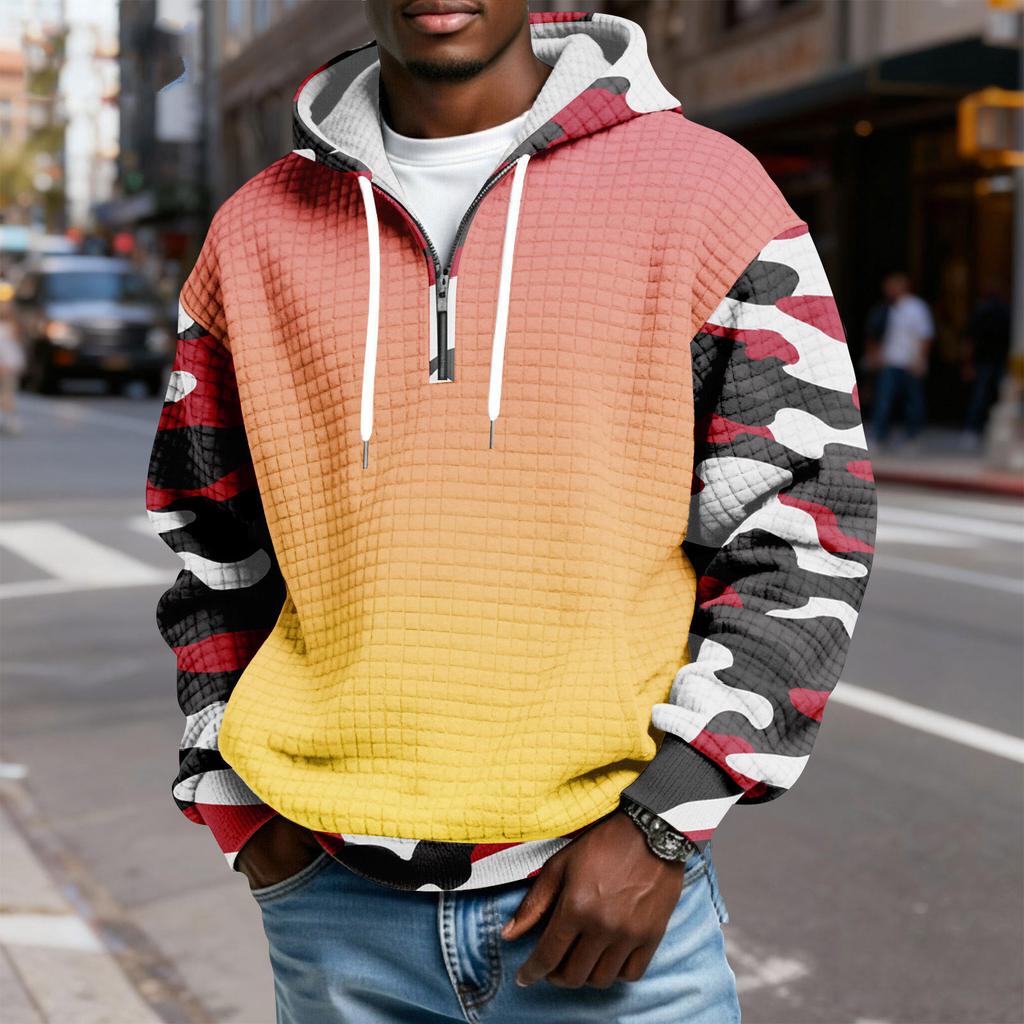 Мужской худи-пуловер в клетку с капюшоном на молнии до середины, со шнурком и принтом, повседневная спортивная толстовка