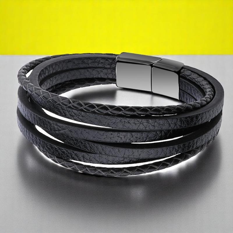Bransolet męski czarny skórzany retro magnetyczne zapięcie 21 cm