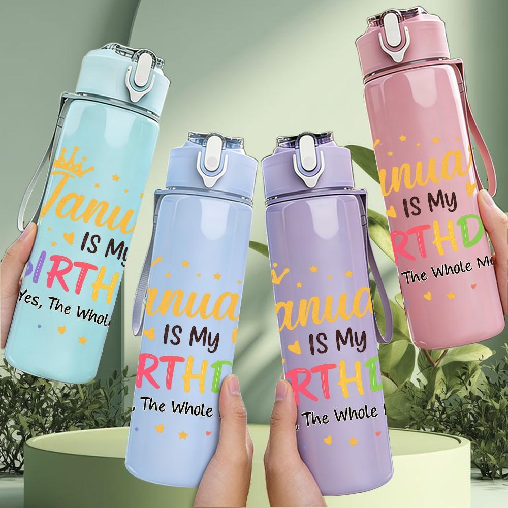 1PC January Birthday Confetti Text 750ml Color Plastic Sports Water Bottle Leakproof Flip Straw Lid Suitable for Sports Office Home Use