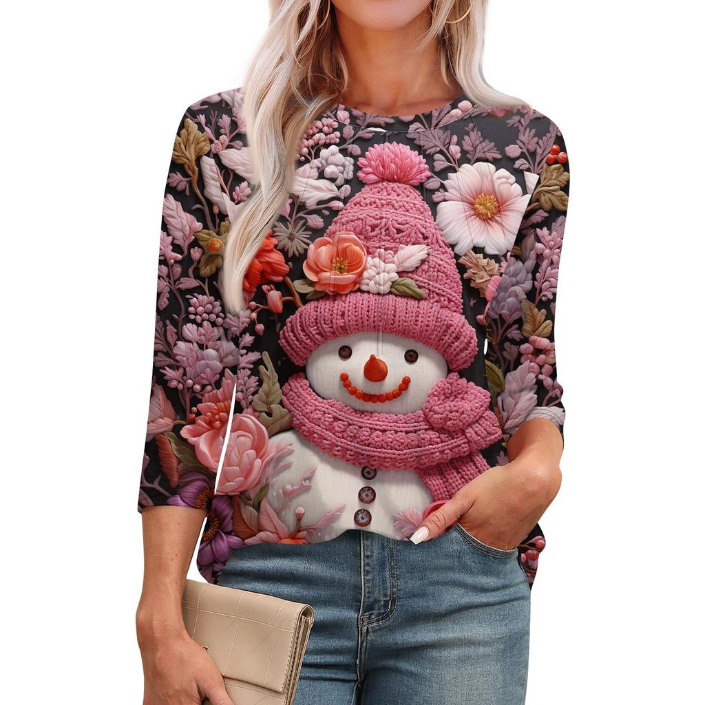 Женская модная футболка с круглым вырезом и рукавом 3/4 с принтом, повседневная, базовая, плиссированная, пуловер