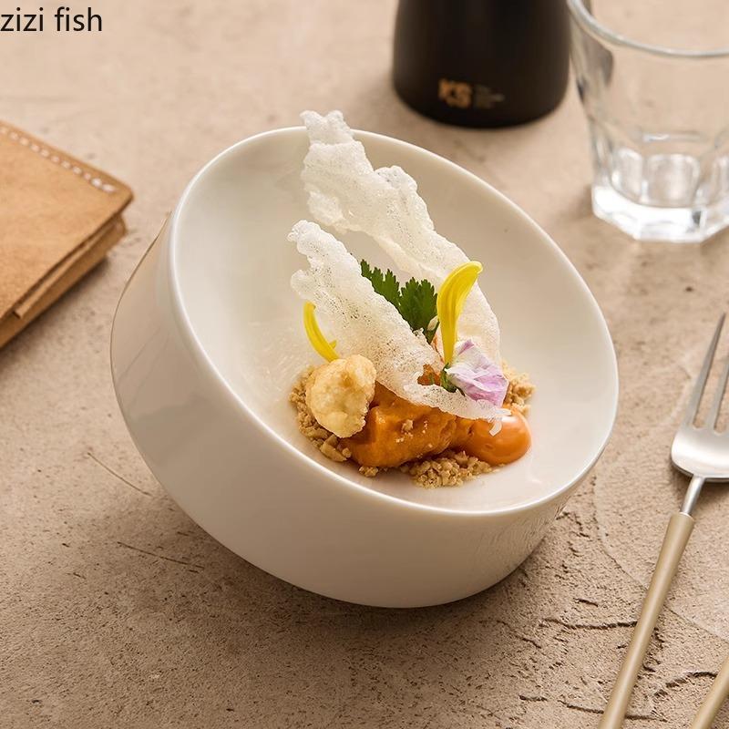 Креативная керамическая тарелка со скошенным краем Специальная десертная тарелка Тарелка для димсамов Тарелки для суши Витрины для молекулярной кухни в отеле