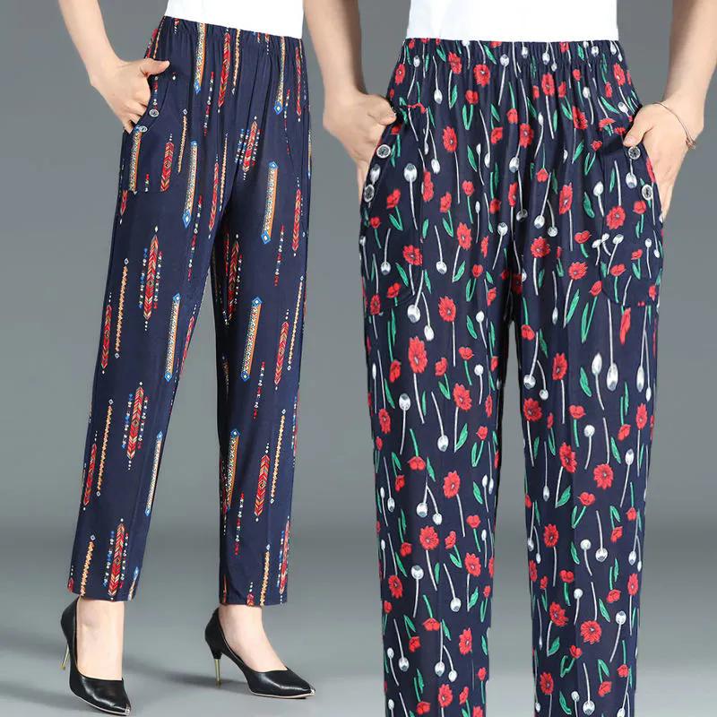 WTEMPO Большой размер, свободные повседневные брюки с высокой эластичной резинкой на талии и карманами, женские тонкие широкие брюки из ледяного шелка с принтом