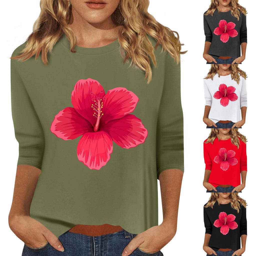 Women's Fashion Casual Printed Seven Sleeve Round Neck Top