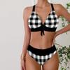 Женские купальники Бикини Купальник из 2 предметов с открытой спиной Холтер Пляжная одежда Белая квадратная сетка с принтом Купальные костюмы Купальник с подвесным вырезом