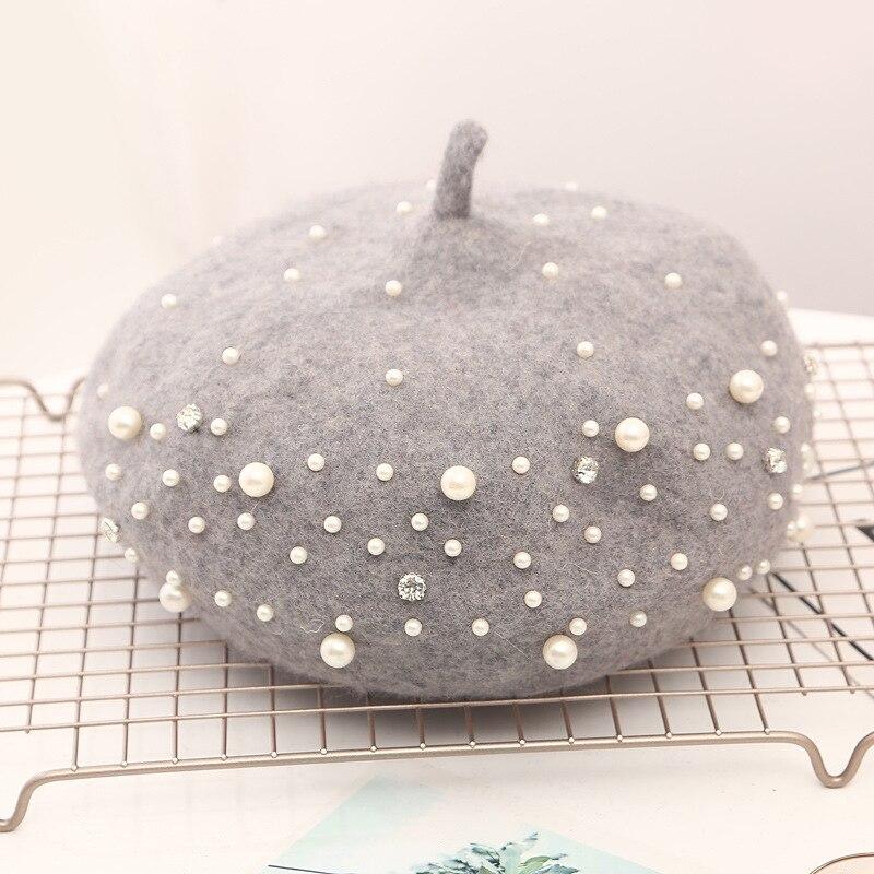 Женский берет с жемчугом, кашемировая зимняя ретро французская зимняя черная, красная французская кепка на плоской подошве, модная однотонная женская винтажная кепка