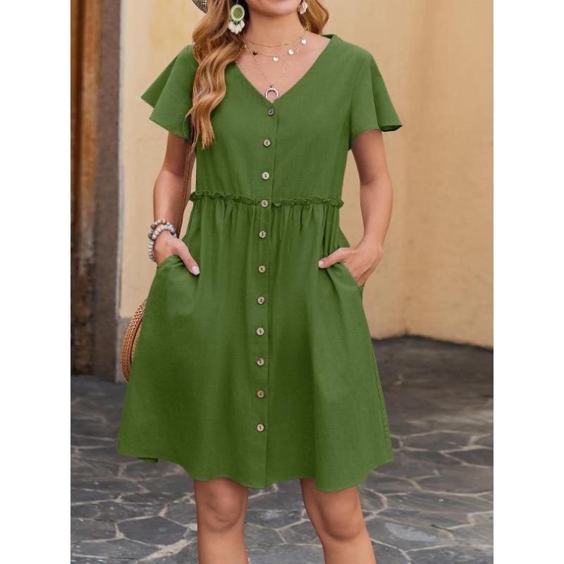 Женские летние хлопковые пляжные повседневные платья А-силуэта с пуговицами и рукавами-бабочками и карманами