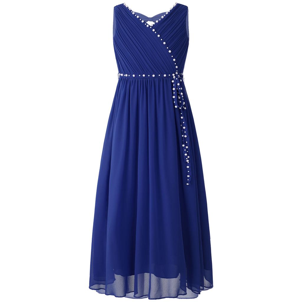 Flower Girls Dress Elegant Beaded Chiffon Party Summer Dress Ruched V Neck Sleeveless Dress for Bridesmaid Wedding