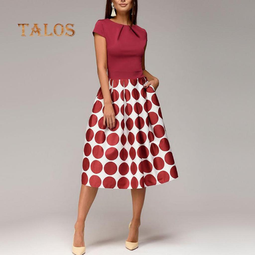 TALOS Женское свободное платье миди в горошек с короткими рукавами и круглым вырезом в стиле пэчворк