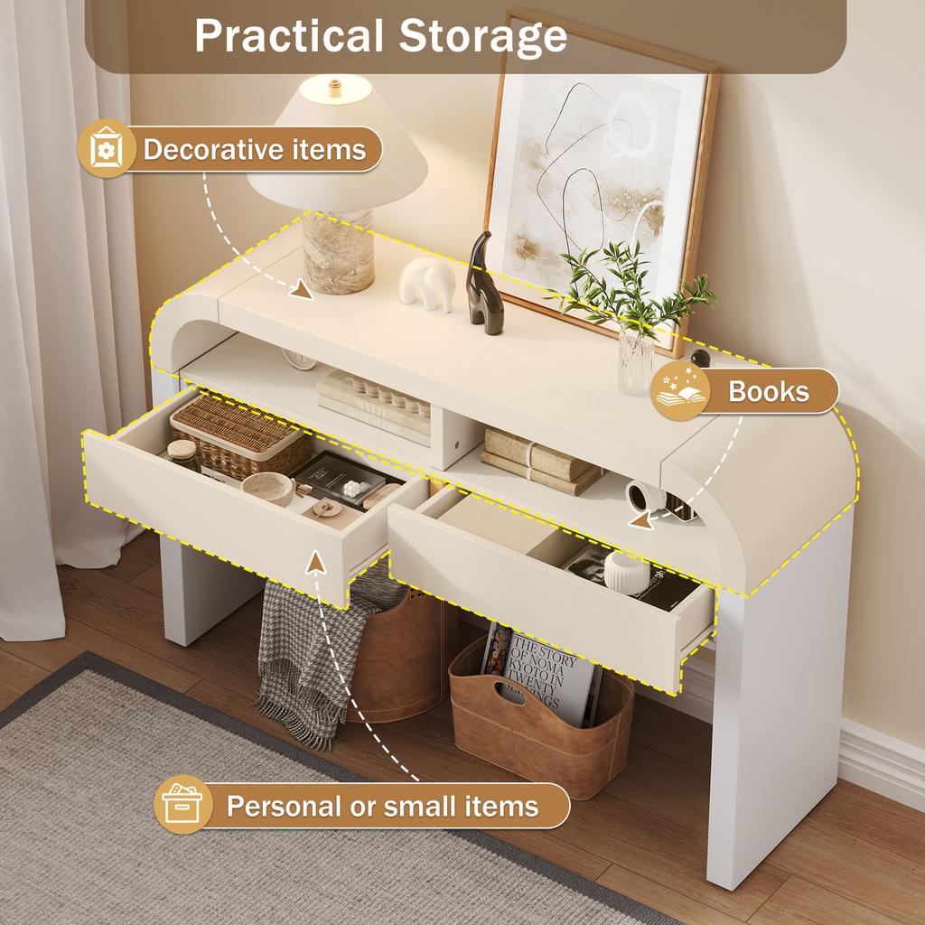 Modern console table with drawers for entrance area, sideboard with curved front and adjustable foot pads, hallway, corridor or living room (White)