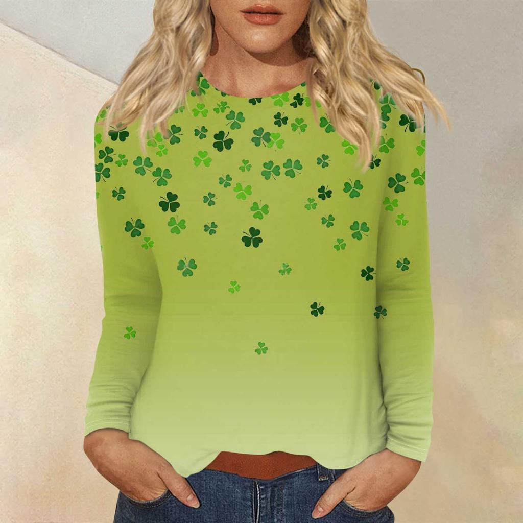 Женская повседневная повседневная рубашка с длинным рукавом. Топ с круглым вырезом и принтом ко Дню Святого Патрика