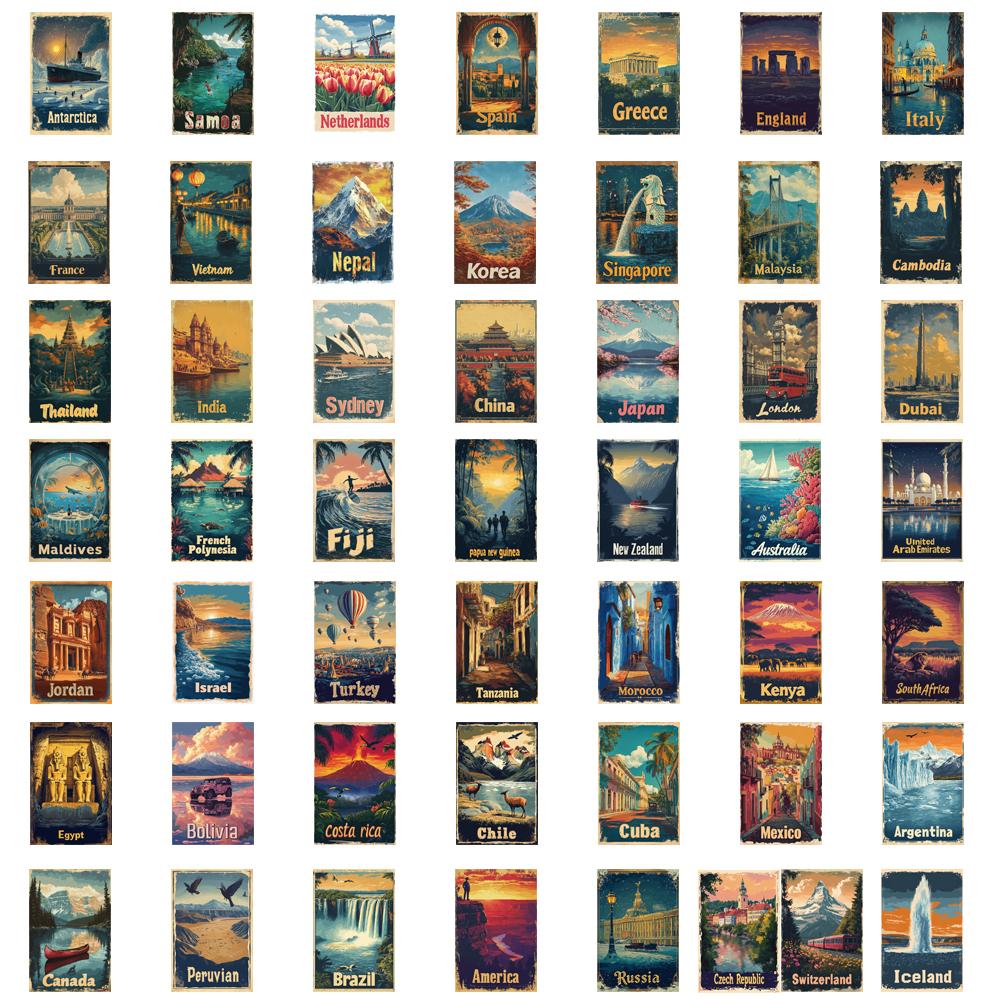 50/100PCS Retro Travel Posters From The 1950s Stickers Nostalgia Laptop Landscape Bicycle Cafe Living Scrapbook Luggage Sticker