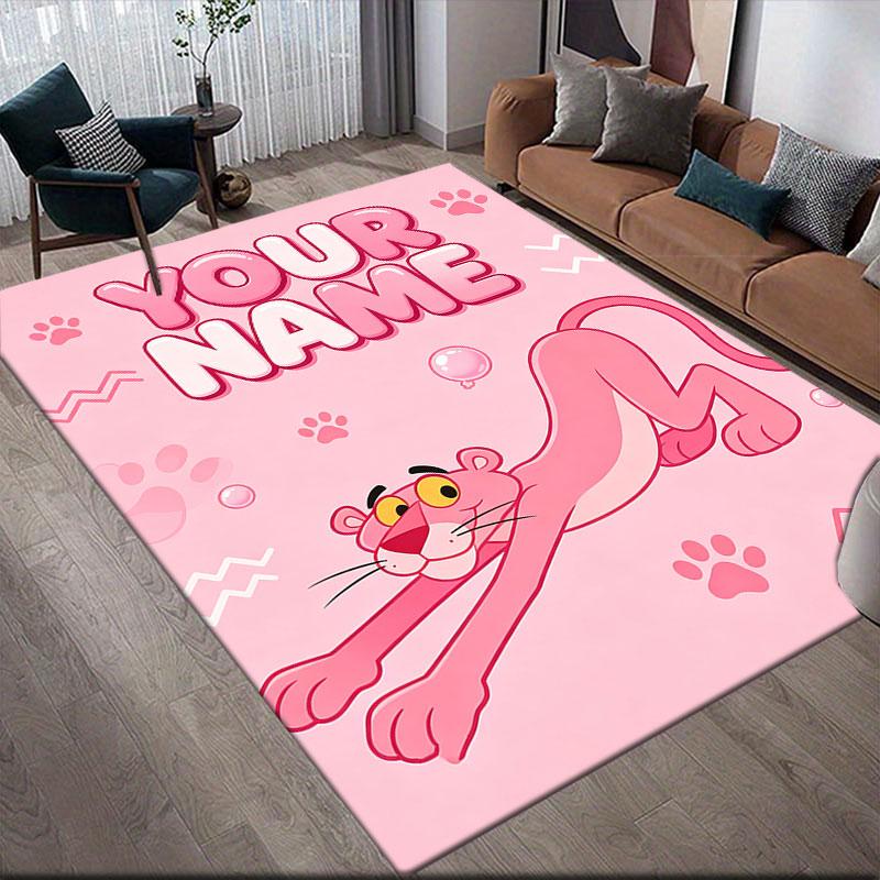 Custom Name,Pink Panther Home Sofa Decoration for Living Room & Bedroom, Non‑Slip Play Flannel Floor Mat for Game Room