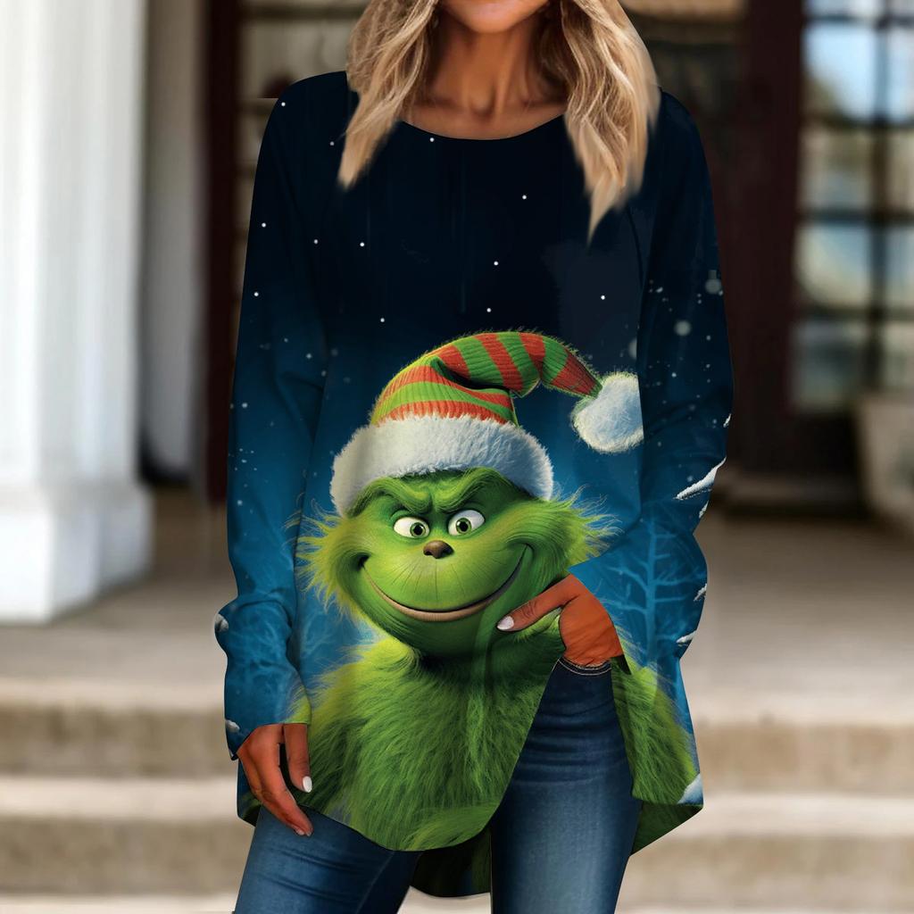 Women's Casual Plus SizeLong Sleeved Round Neck Christmas Printing T-shirt Top Pullover