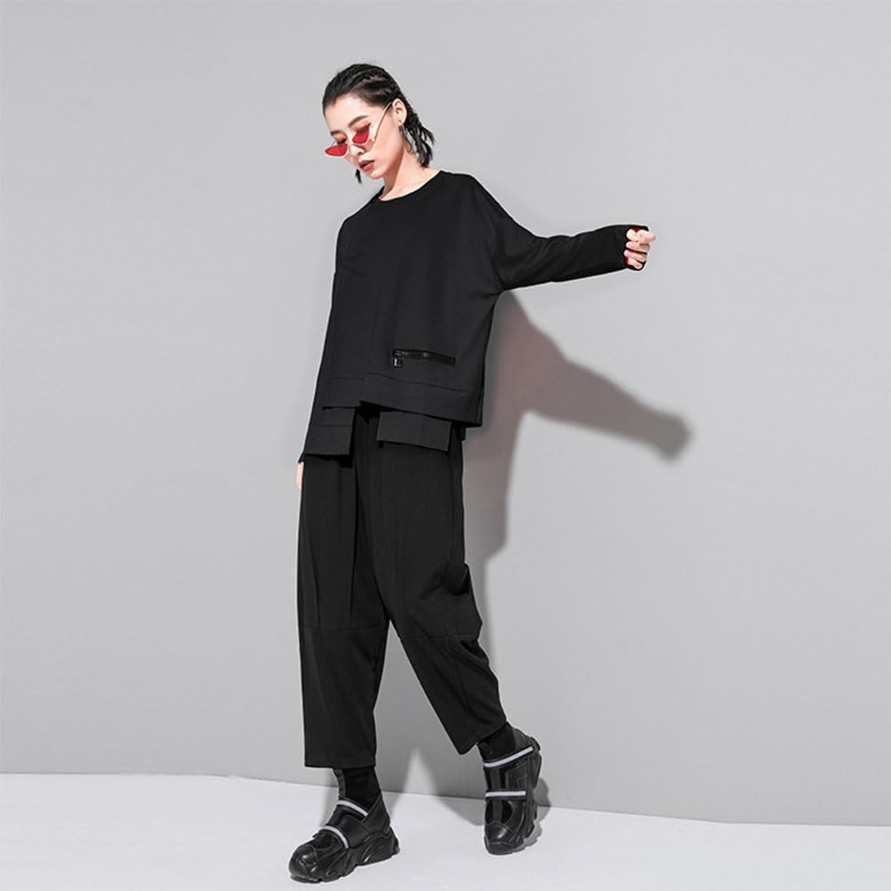 Morino Long Sleeve Asymmetrical Top with Zipper Design and Loose Unique Street Adult Fashion for Spring and Fall Women's Pockets, Fit, Style, (Black)