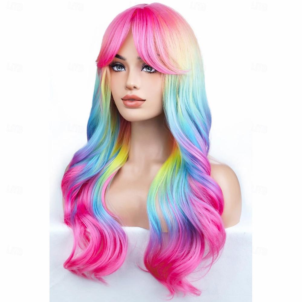 HAIRJOY Синтетические парики Радужный Омбре Длинный волнистый парик для женщин с челкой Цветные омбре Костюмные кудрявые парики