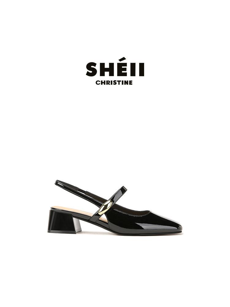 Sheepskin~ Small Gold Buckle Square Head Thick Heel Mary Jane Shoes Bag Head High Heel Sandals Women's Empty Single Shoes After Commuting