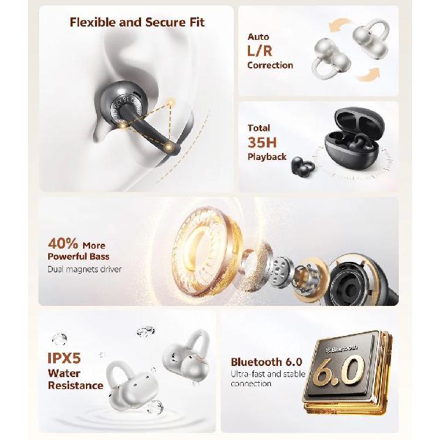 QCY CT06 Clip On Earbuds Crossky C50 Open Ear Wireless Bluetooth 6.0 Headphones with 4 Mic 35H Earbuds Comfortable for Running