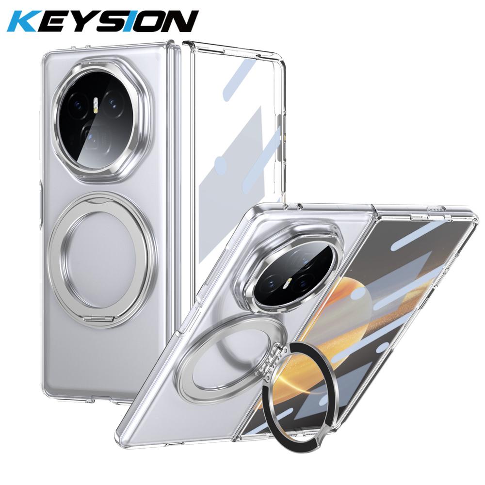 KEYSION Вращающийся на 360° магнитный чехол-подставка с кольцом для HONOR Magic V3, прозрачный жесткий чехол для ПК-телефона со стеклянным защитным экраном