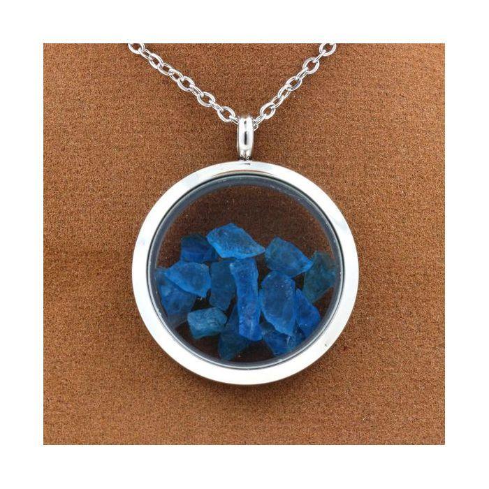 Pierres et Minéraux. Collier Apatite bleu neon brut. Modèle Médaillon 25 mm. Couleur Argent.
