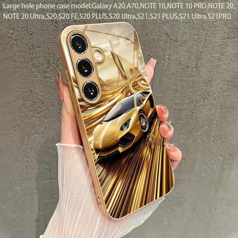Золотой чехол для телефона с 2D рисунком в стиле автогонок для Samsung S26 S25 S24 S23 S22 S21 S20 A56 A36 A16 - Золотая стеклянная защитная крышка