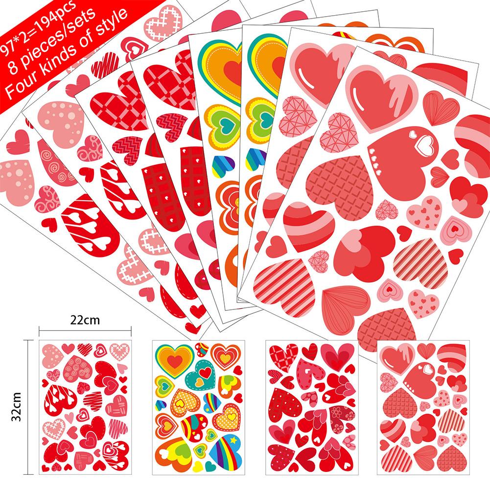 194pcs Valentine Day Heart shaped Glass Window Decal Non adhesive Electrostatic Window Clings Decorations