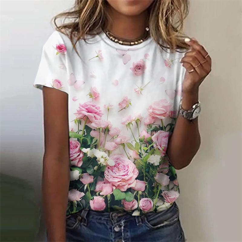 Flower Rose T Shirt For Women Funny Colorful 3D Printed Tees Summer Oversized Tops Short Sleeves Round Neck T-Shirts Streetwear