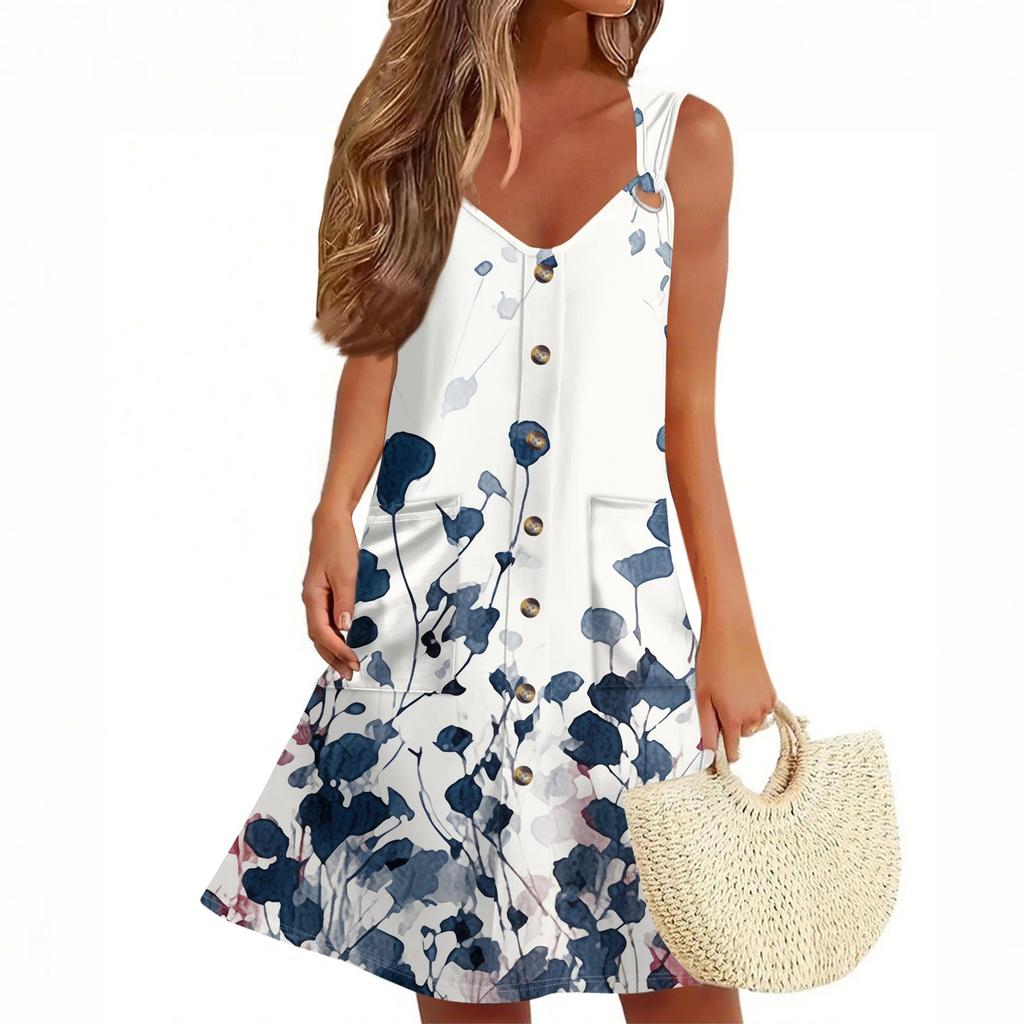 Женское летнее платье с карманом без рукавов сарафан с цветочным принтом