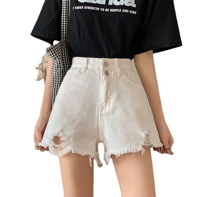 Summer Pants Classic and Minimalist Fashion Versatile Summer Women's Row Buckle High Waist Hole Thin Loose Outside Wear Wide Leg A Word Denim Shorts