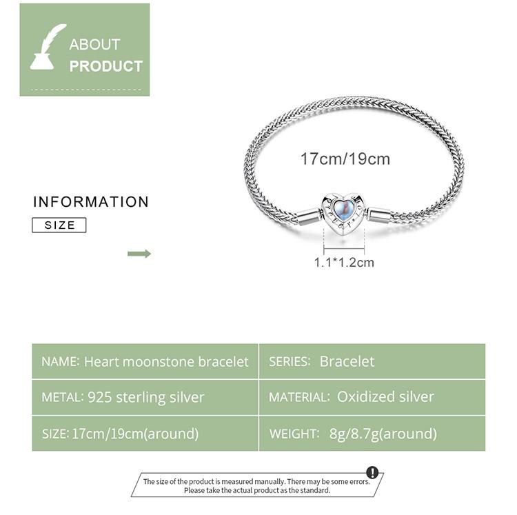 WOSTU Изысканный браслет-цепочка из стерлингового серебра 925 пробы с лунным камнем в форме сердца, подходит для браслета, ювелирных украшений
