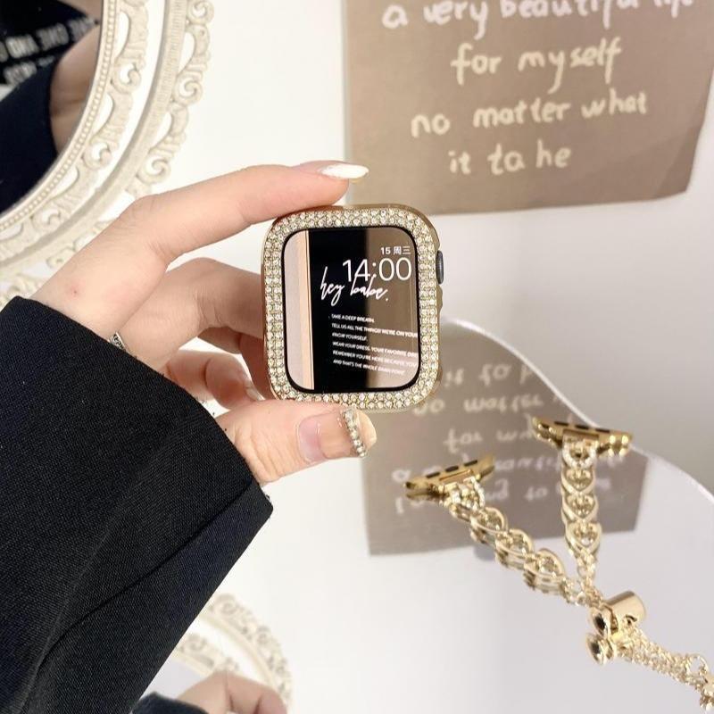 Подходит для applewatchS10/11 двухрядный корпус с бриллиантами Apple Watch iwatch9876se полый полупрозрачный чехол