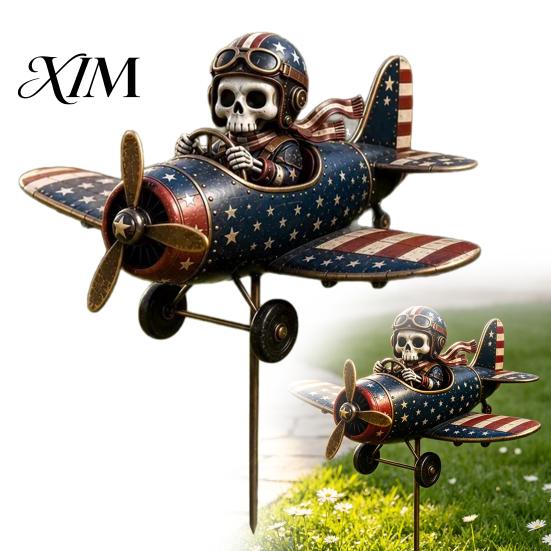 Hand Painted Outdoor Sculpture Metal Skeleton Pilot Airplane Wind Spinner with Ground Stake, Vintage American Flag Garden Yard Art for Rustic