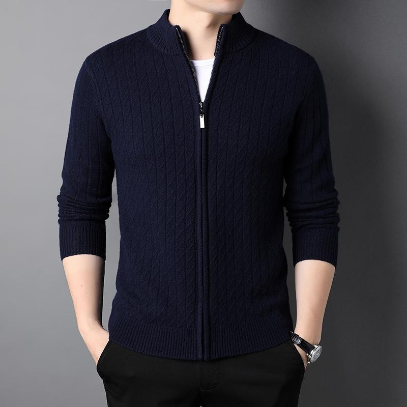 Кардиган из 100% чистой шерсти, мужской топ с полуворотником, для среднего возраста, весенне-осенняя вязаная куртка из полной шерсти, ощущение высокого класса