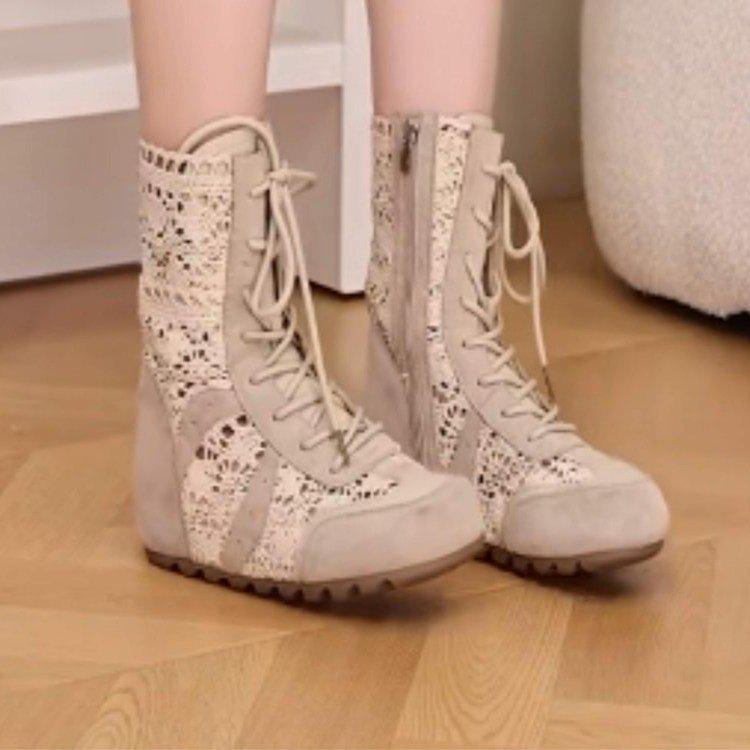 Summer Hollow Lace Medium Boots Women'S Breathable Lace-Up Inner Height Increase Cool Boots Retro Style Splicing Short Boots Women