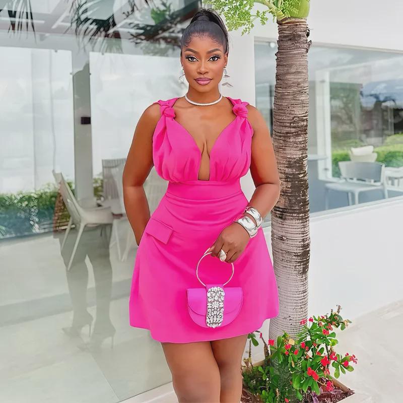 Летнее элегантное платье А-силуэта с V-образным вырезом и высокой талией для женщин 2024 года