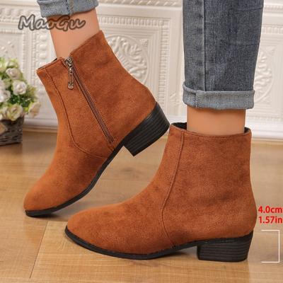 Модные винтажные женские замшевые ботильоны Модная элегантная обувь с острым носком Осенние ботильоны на толстом среднем каблуке Однотонные женские короткие ботильоны Размер 36 40
