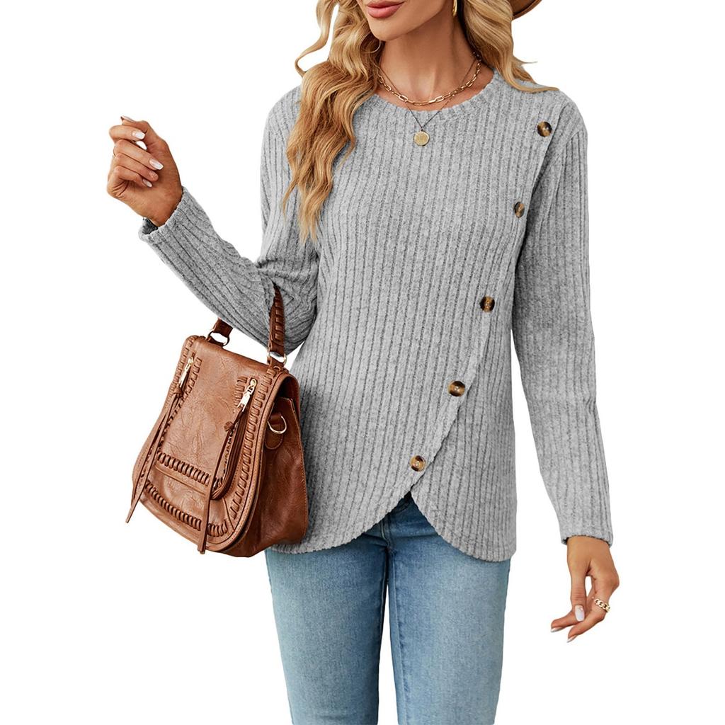 Женский модный сексуальный удобный пуловер с круглым вырезом для отдыха, длинный рукав и пуговицы с разрезом по краю