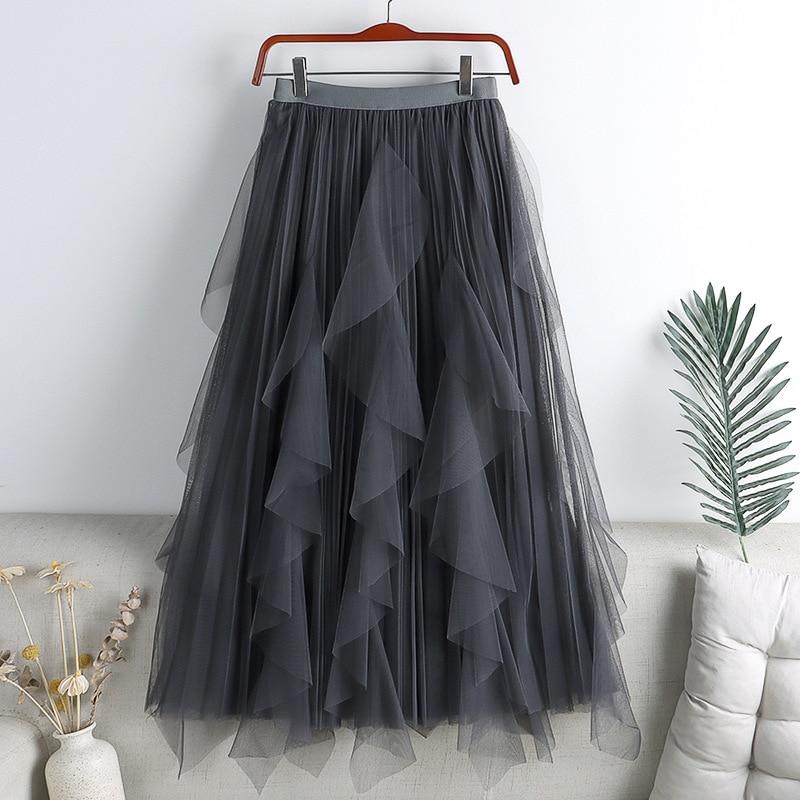 Qooth Summer Long Maxi Skirt Women FCute High-waisted Pleated Kawaii Tulle Skirt Mesh Gauze QT1240