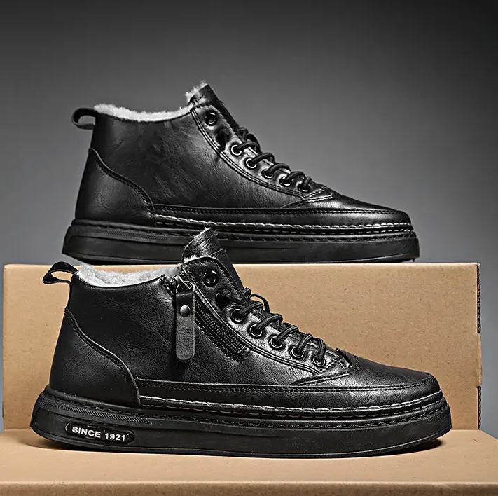 Мужские кроссовки с высоким верхом, зимние бархатные утолщенные теплые хлопковые туфли, рабочие, спортивные, для отдыха, кожаная поверхность, средняя высота, водонепроницаемые кеды