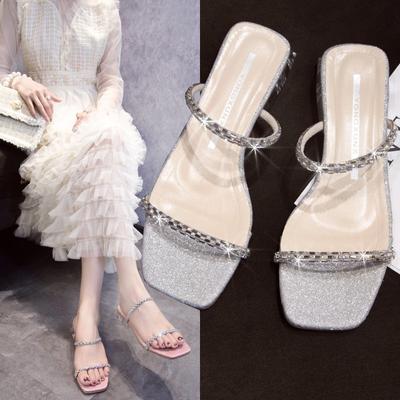 Модные прозрачные босоножки женские тапочки летние блочные каблуки для женщин стразы шлепанцы дизайнерские элегантные вечерние туфли для дома